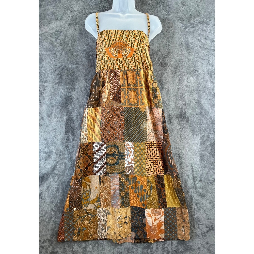 Handmade Indonesian Patchwork Maxi Dress Small Multicolor Batik Print Smocked